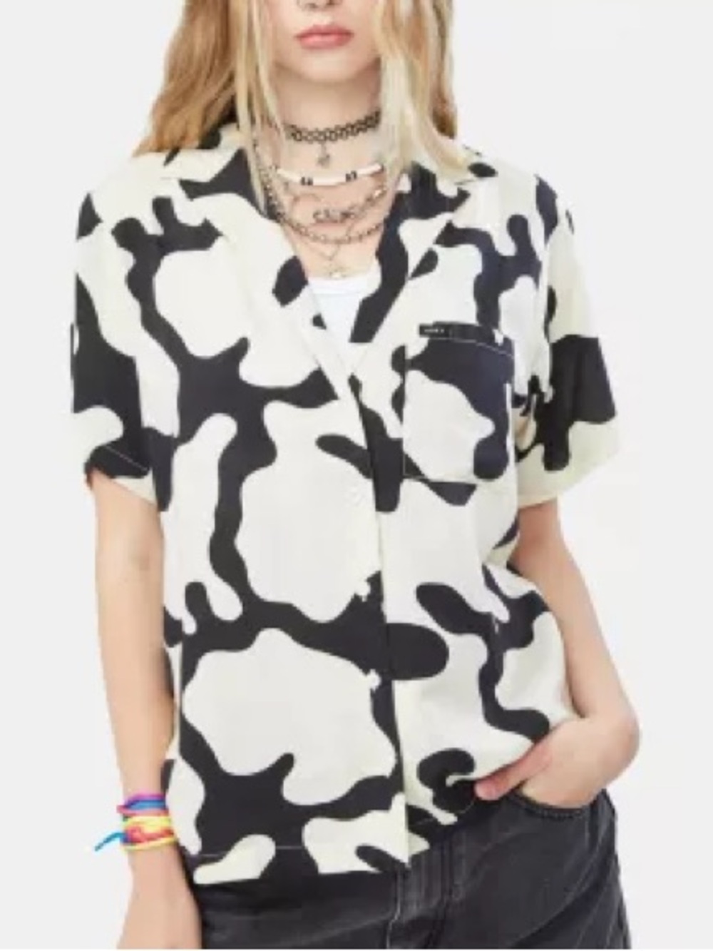Obey Women's Short Sleeve Button-Down Shirt in Black & Cream Cow Print